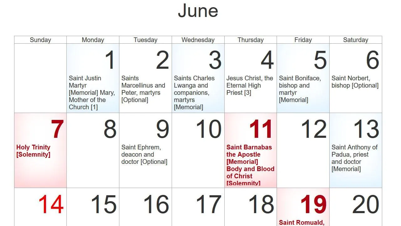 Church Calendar 2025