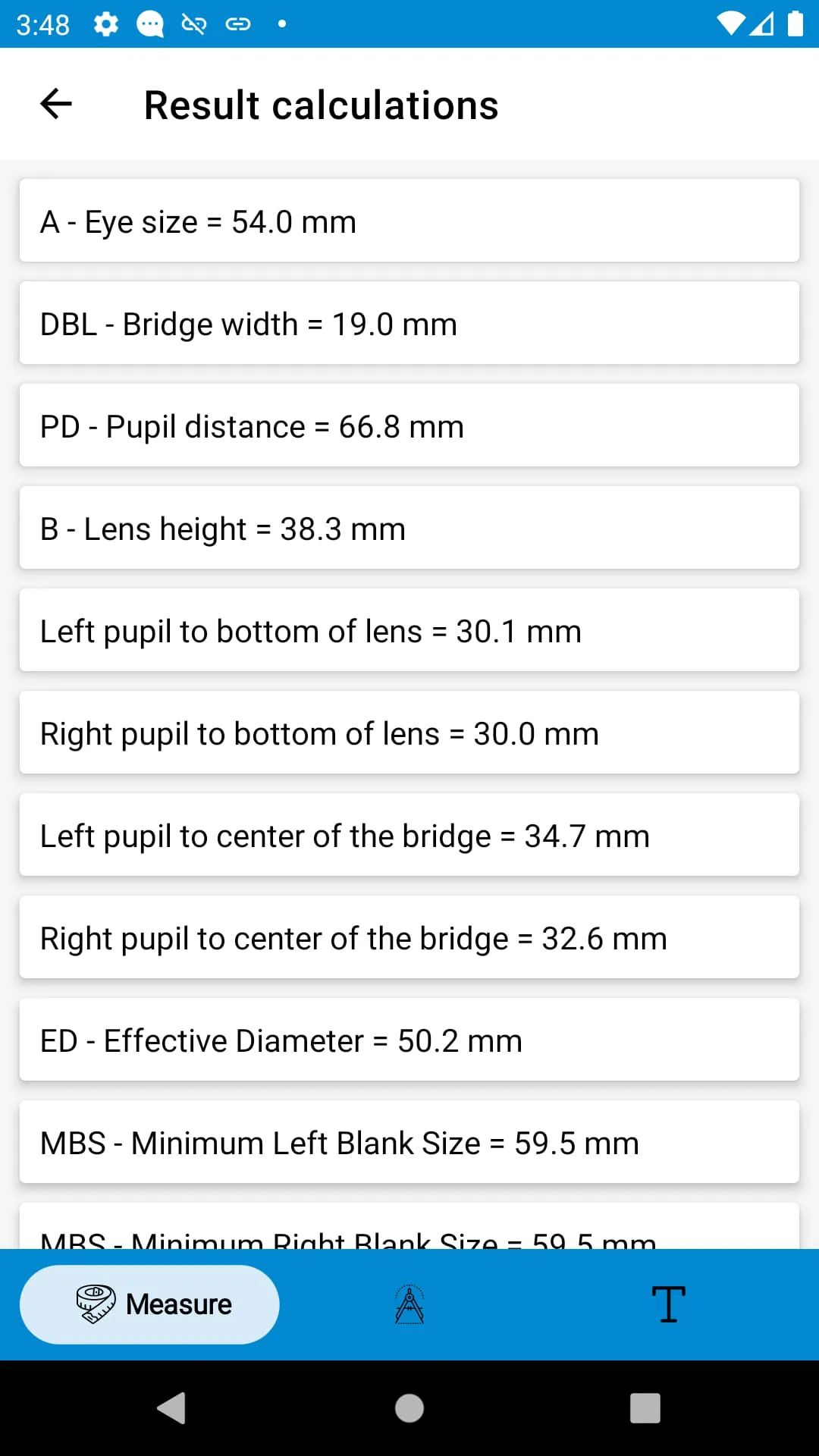 Optometry eye distance measure